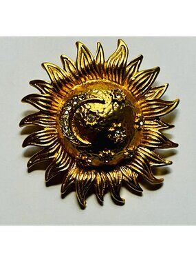 Unsigned Christian Dior Domed Celestial Stars Moon Brooch Pendant Gold Tone